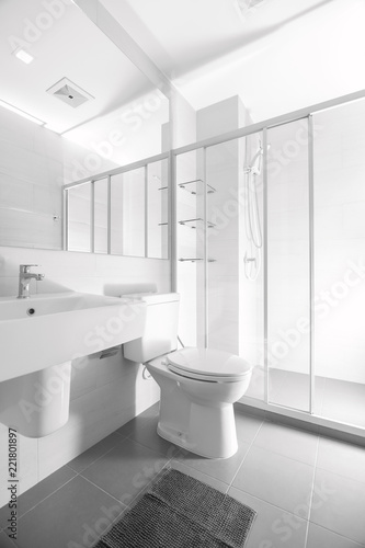 Bathroom and sanitary ware. The refurbished building looks like a spacious reflect mirror.