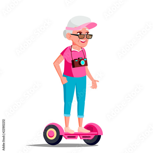 Old Woman On Hoverboard Vector. Riding On Gyro Scooter. Outdoor Activity. Two-Wheel Electric Self-Balancing Scooter. Isolated Illustration