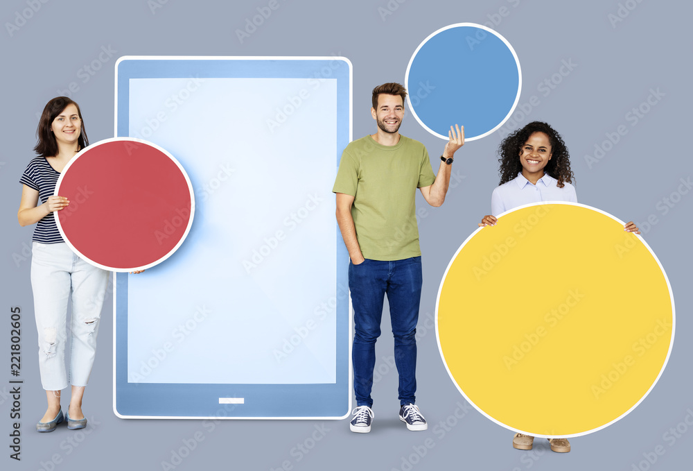 People holding speech bubbles and a digital tablet icon People holding speech bubbles and a digital tablet icon
