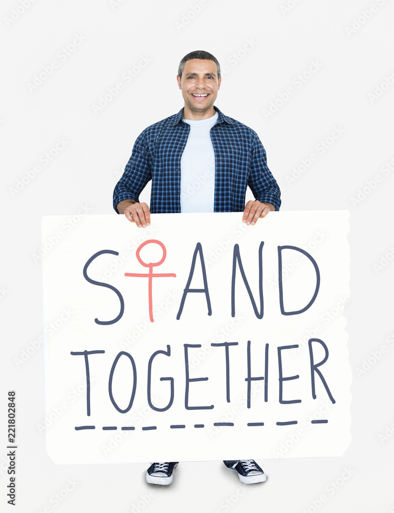 A man holding stand together signboard A man holding stand together signboard
