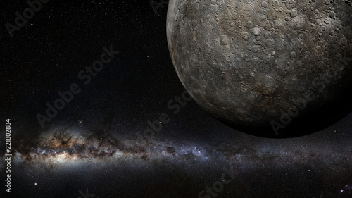 Obraz planeta Merkury oświetlona galaktyką Drogi Mlecznej