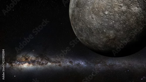 Obraz planeta Merkury oświetlona galaktyką Drogi Mlecznej