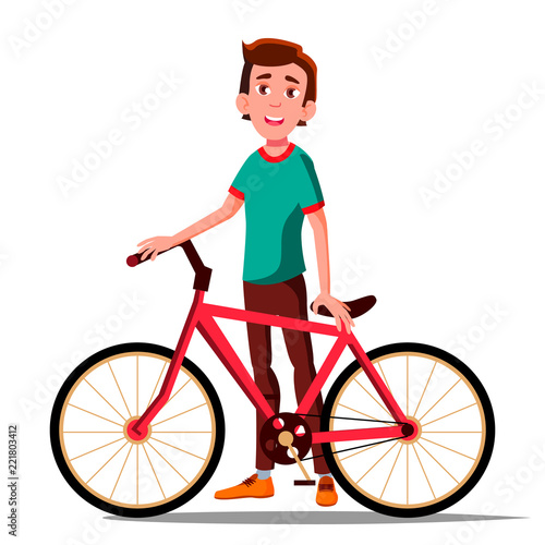 Teen Boy With Bicycle Vector. City Bike. Outdoor Sport Activity. Eco Friendly. Isolated Illustration