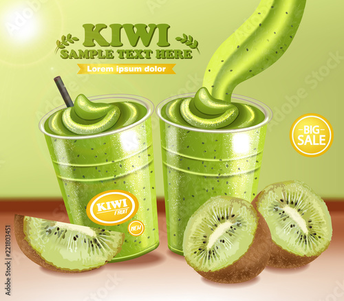 Kiwi smoothie Vector realistic. Detailed 3d cocktail refreshment drinks