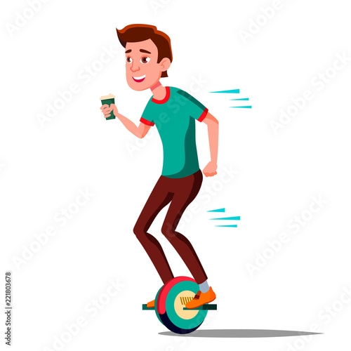 Teen Boy On Hoverboard Vector. Riding On Gyro Scooter. One-Wheel Electric Self-Balancing Scooter. Positive Person. Isolated Illustration