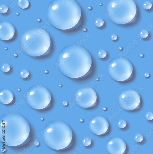 Drops of water. Abstract blue liquid background. 3d realistic vector illustration. Realism style. Macro