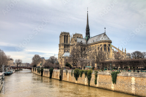 Beautiful view of the river Seine with the Notre-Dame Cathedral in Paris 