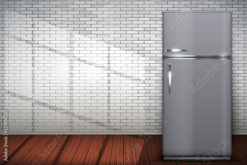 Laundry room interior with Modern Fridge Freezer on brick wall background with sun light. The concept of modern equipment for home laundry and household appliances. Vector Illustration