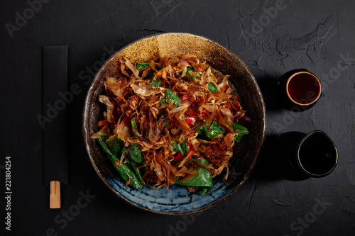 Εκτύπωση καμβά top view of plate with delicious japanese dish with katsuobushi, dried bonito sh