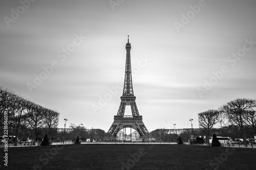 Beautiful tranquil long exposure view of the Eiffel tower in Paris  France  in black and white