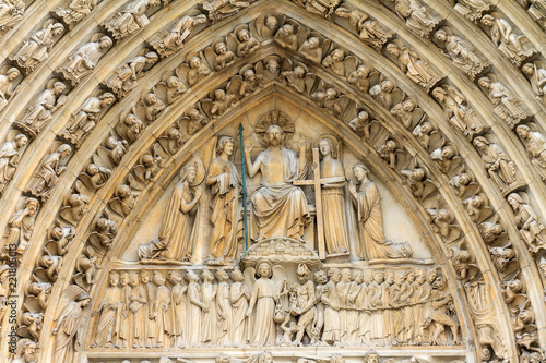 Close-up of the entrance of the Notre-Dame Cathedral in Paris