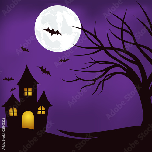 hallowen background with silhouette tree, spider and pumpkin scary vector illustration