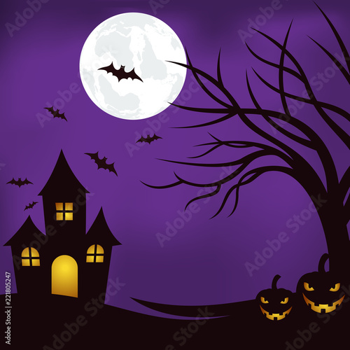 hallowen background with silhouette tree, spider and pumpkin scary vector illustration