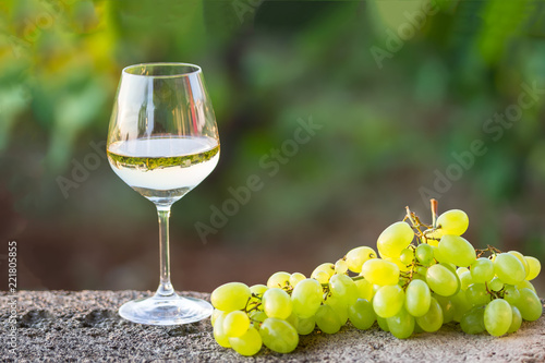 a glass of white wine and white grapes photo