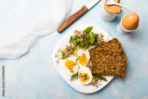 Zdrowe śniadanie - Jajka gotowane na twardo, świeże kiełki rzodkiewki, rukola z sosem ziołowym i kromki pełnoziarnistego ciemnego chleba na błękitnym tle. 