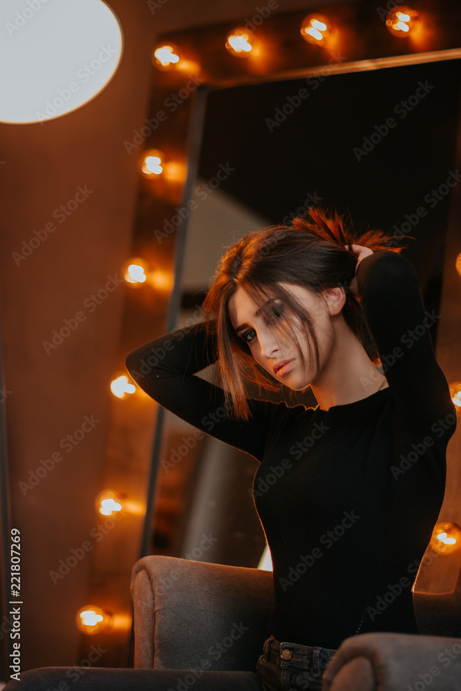 Fototapeta premium Pretty Girl. Brunette. Makeup. Studio.Light. Flashlights.