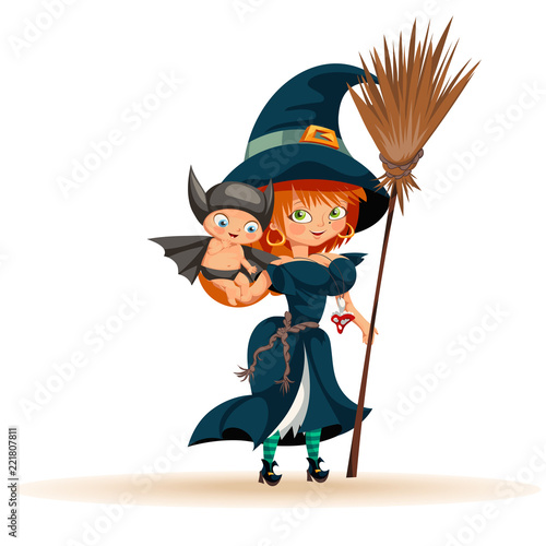 Mother with son in Halloween costume flat poster