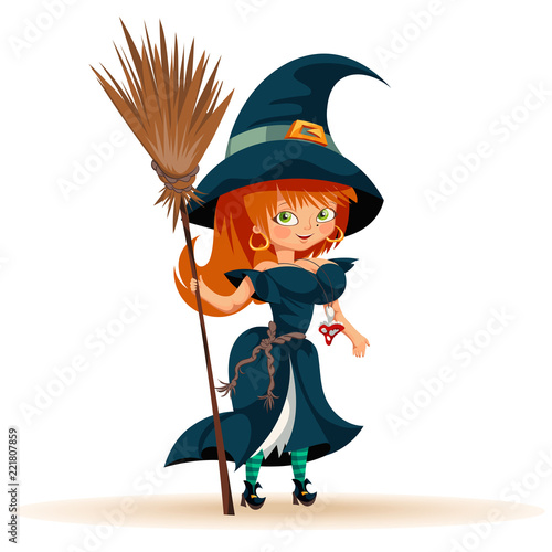 Cartoon woman in witch costume flat poster