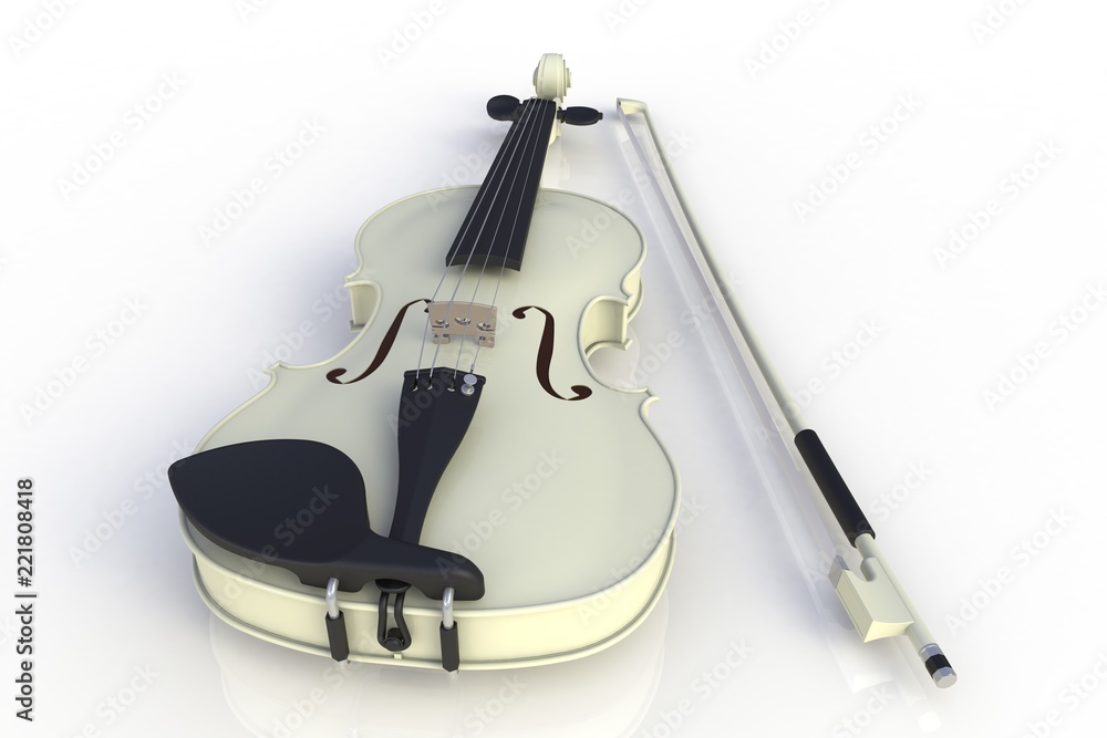 Obraz premium Close up of classical white violin with bow isolated on white background, String instrument, 3d rendering