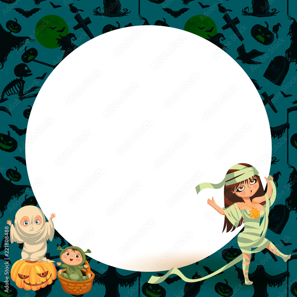 Obraz premium Cartoon family celebrating Halloween flat poster vector illustration. Happy parents and children dressed in various All Hallows Eve costumes. Horror party concept template design with promo copyspace