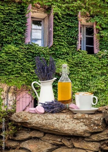 Fototapeta Naklejka Na Ścianę i Meble -  Still life with lavender flower and cup of coffee in Provence, France