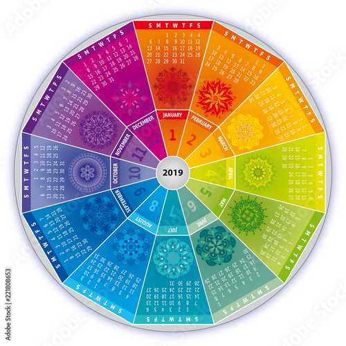 Calendrier 2019 avec Mandalas - Roue en Couleurs Arc-en-Ciel 