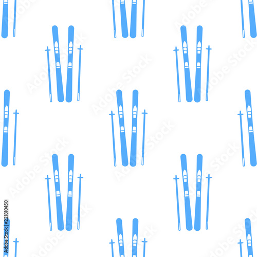 Seamless pattern with blue skis on the white background.