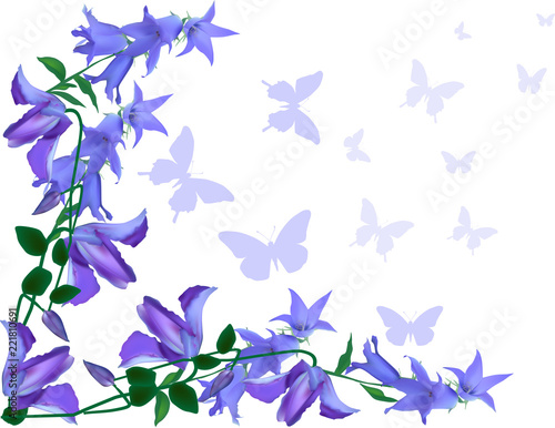 blue butterflies and bluebell flowers corner on white