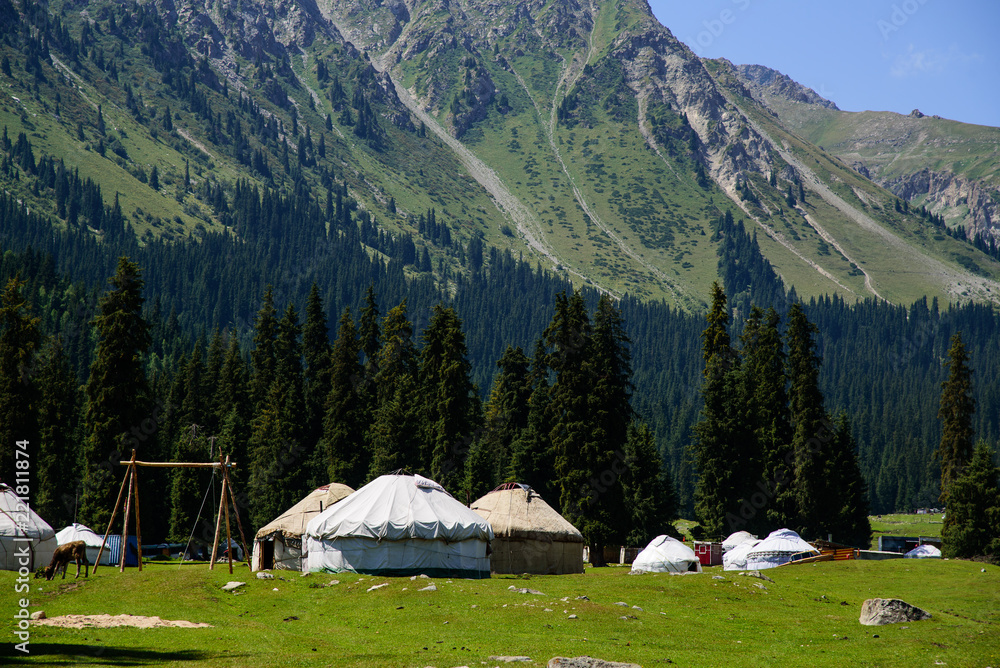 Yurt camp at the foot of the mountains