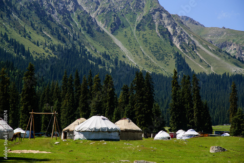 Yurt camp at the foot of the mountains