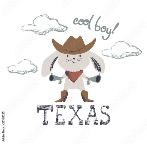Western bunny baby cute print. Wild west rabbit with hat, boot, gun.