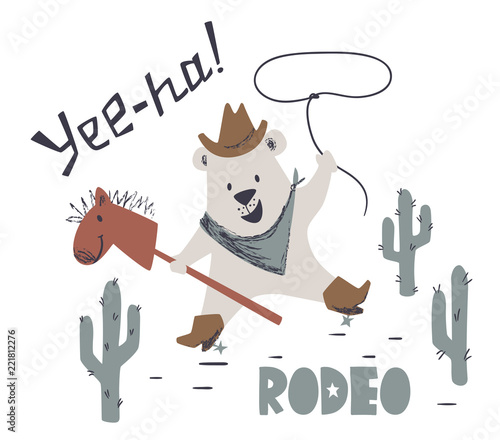 Western bear baby ride horse cute print. Wild west slogan. Animal with hat, boot, lasso rope.