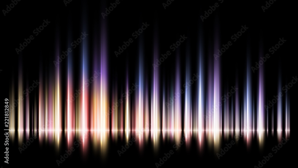 Abstract image of blurred blue. white and pink and yellow lights on a black background with sharp lines