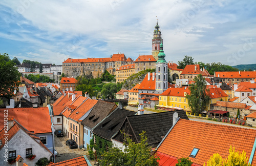 Scenic view to castle and rooftops in old town of Cesky Krumlov, Czech republic