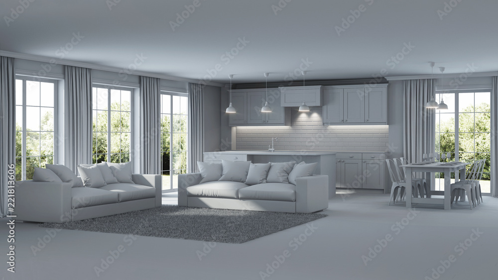 Fototapeta premium Modern house interior. Repairs. Gray interior. 3D rendering.