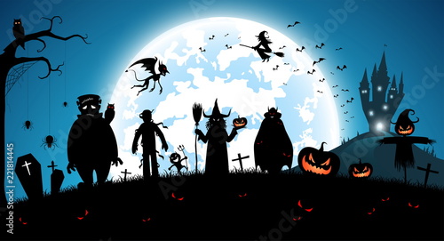 illustration blue background,festival halloween concept,full moon on dark night with many ghost,scarecrow,frankenstein and devil walking to castle for celebration halloween day