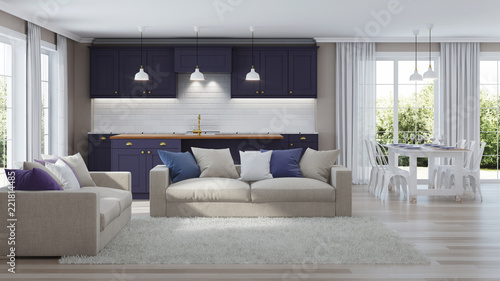 The modern interior of the house with a dark purple kitchen. 3D rendering.