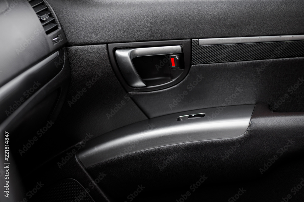 Modern luxury prestige car interior, dashboard, steering wheel.
