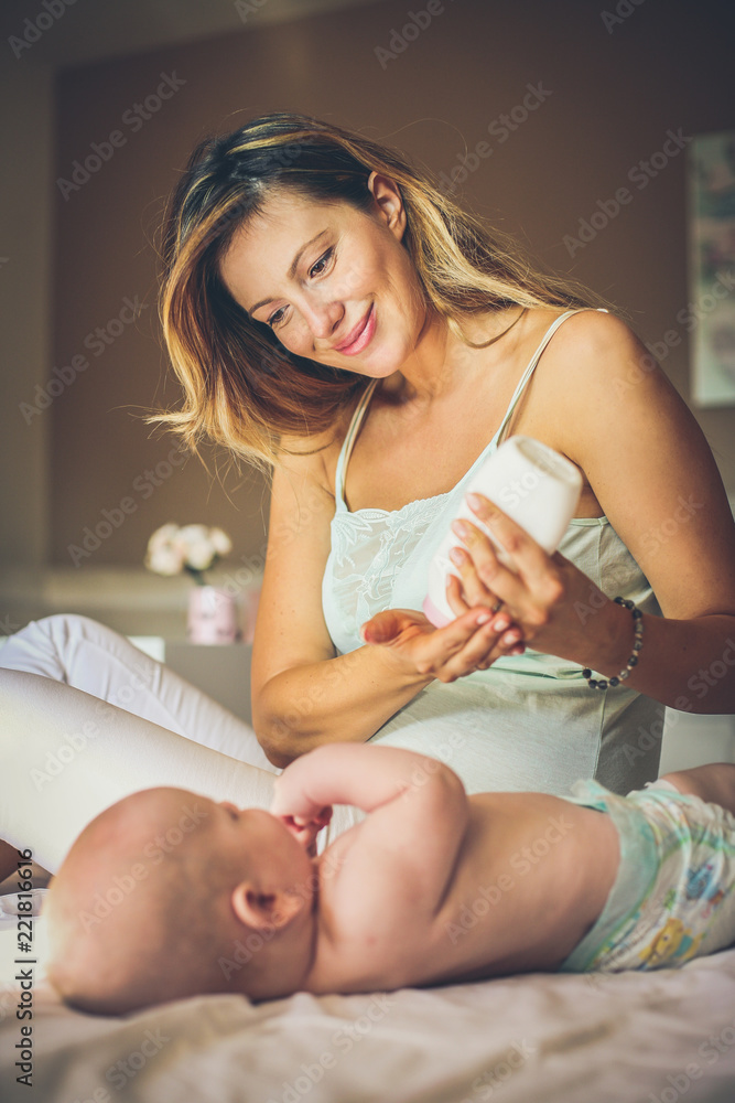 Mother care her baby. Morning routine. Mother care her baby. Morning routine.