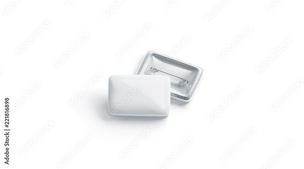 Blank white rectangular badge stack mockup, front and back side, 3d rendering. Empty clear pin emblem stack mock up front view, isolated. Square plastic volunteer label template. Blank white rectangular badge stack mockup, front and back side, 3d rendering. Empty clear pin emblem stack mock up front view, isolated. Square plastic volunteer label template.
