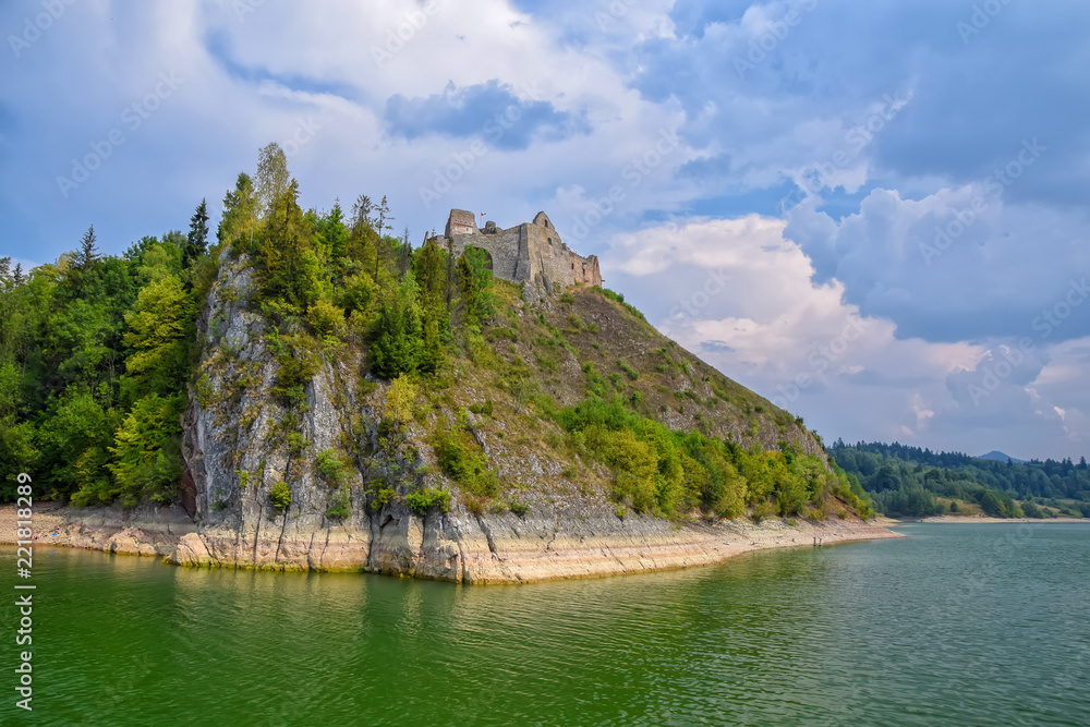 Scenic view of Czorsztyn Castle and artificial Czorsztynskie Lake in Southern Poland