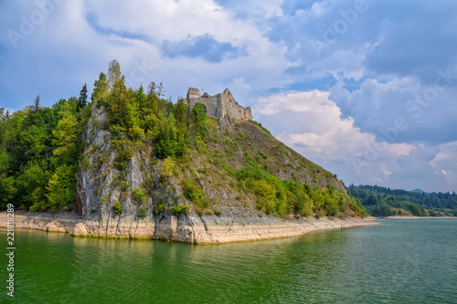 Scenic view of Czorsztyn Castle and artificial Czorsztynskie Lake in Southern Poland