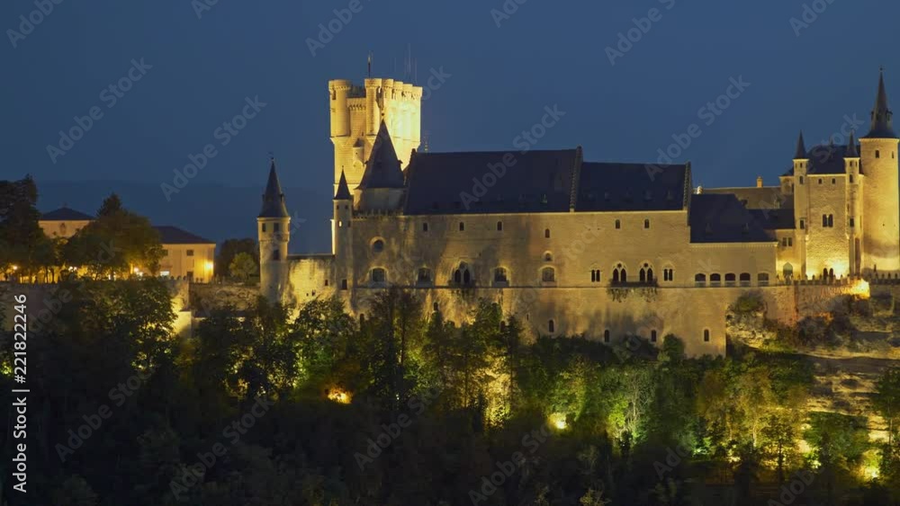 Segovia, Spain. Panning night shot of Segovia Alcazar. Castilla y Leon Segovia, Spain. Panning night shot of Segovia Alcazar. Castilla y Leon