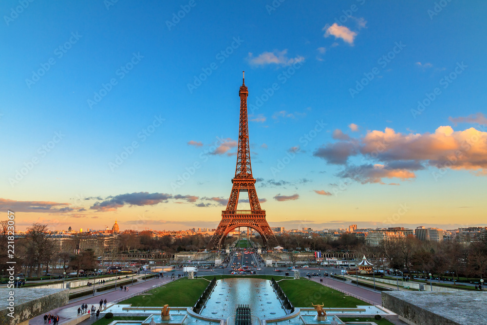 Beautiful view of the Eiffel tower in Paris, France, at sunset
