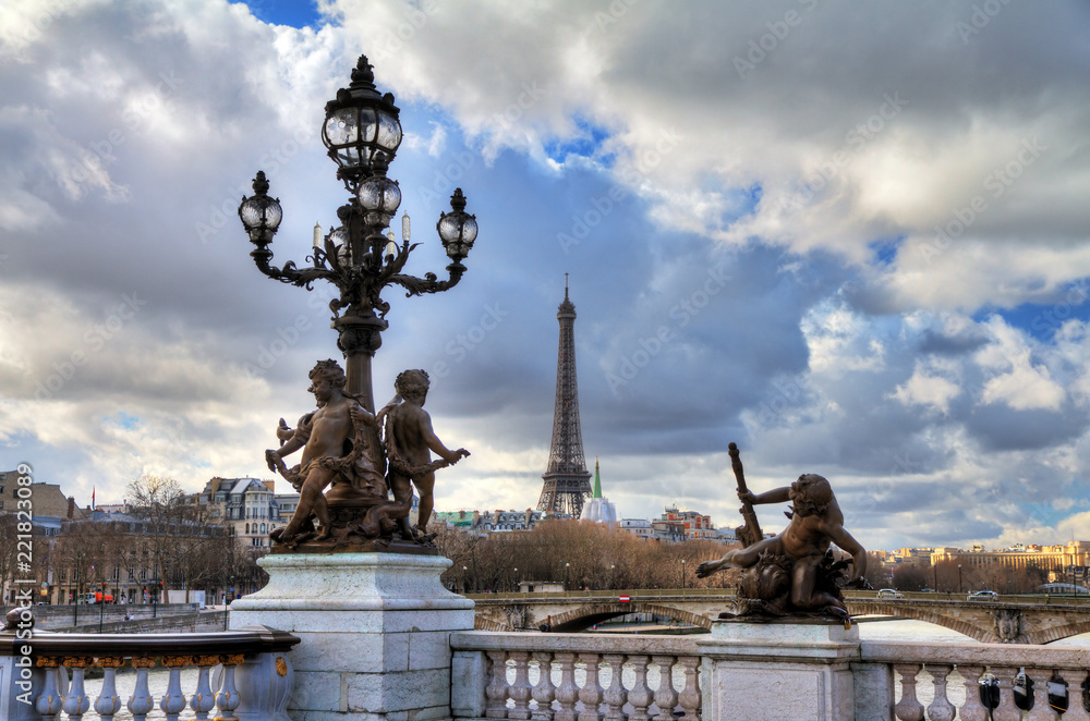 Beautiful view of a lantern on the Pont Alexandre III in Paris, with the Eiffel tower in the background, on a cloudy winter day 