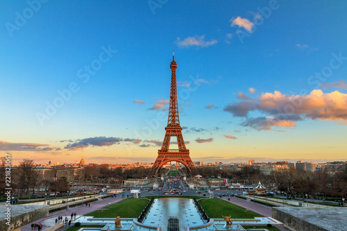 Beautiful view of the Eiffel tower in Paris, France, at sunset 