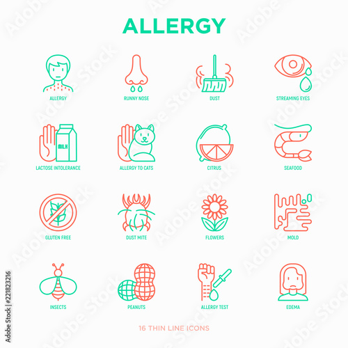 Allergy thin line icons set: runny nose, dust, streaming eyes, lactose intolerance, citrus, seafood,gluten free, dust mite, flower, mold, peanut, allergy test, edema. Modern vector illustration.