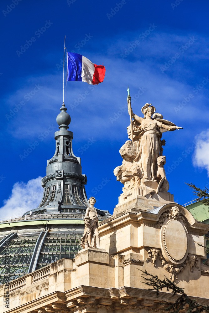 French flag waving on top of the Great palace (Grand palais) in Paris, France