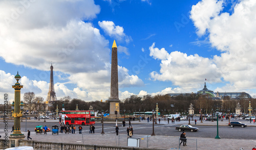 Cloudy day at the place de la Concorde with the Obelisk and Eiffel tower, in Paris, France.
