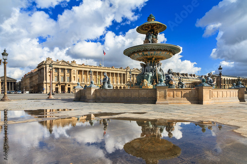 Beautiful reflection of the fountain at place de la Concorde in Paris, France 